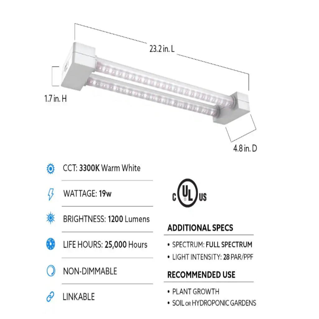 19 Watt, 2 ft. Linkable Two-Light Full Spectrum LED Plant Grow Light