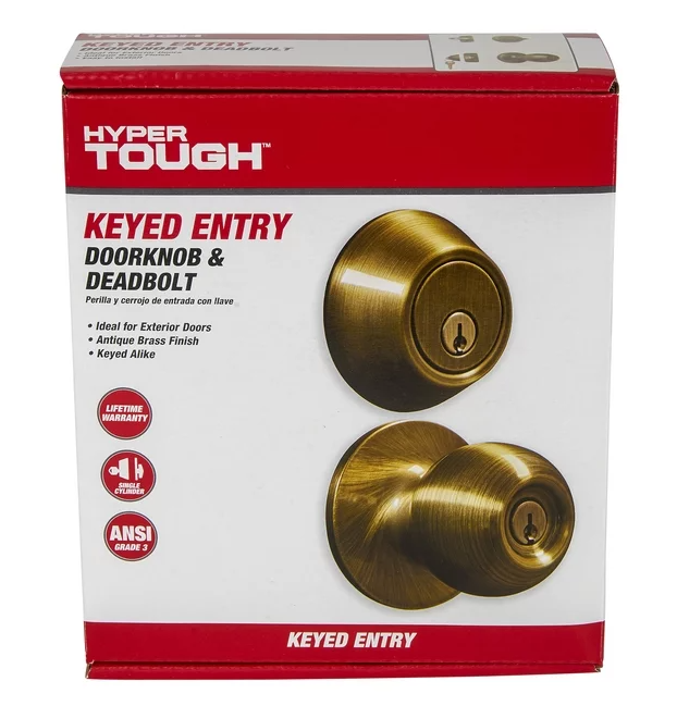 Hyper Tough Keyed Entry Ball Style Doorknob and Deadbolt Combo Antique Brass Finish Damaged Box
