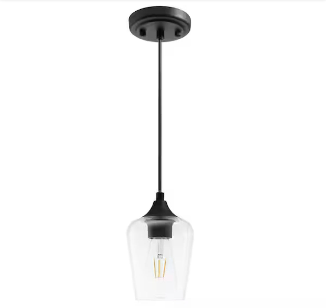 Top Rated Merra 5 in. W x 6 in. H 1-Light Matt Black Pendant with Clear Glass Shade - Damaged Box
