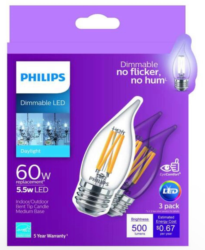 Philips 60-Watt Equivalent B11 Dimmable Edison LED Candle Light Bulb Glass Bent Tip Medium Base Daylight (5000K) (3-Pack) - Damaged Box