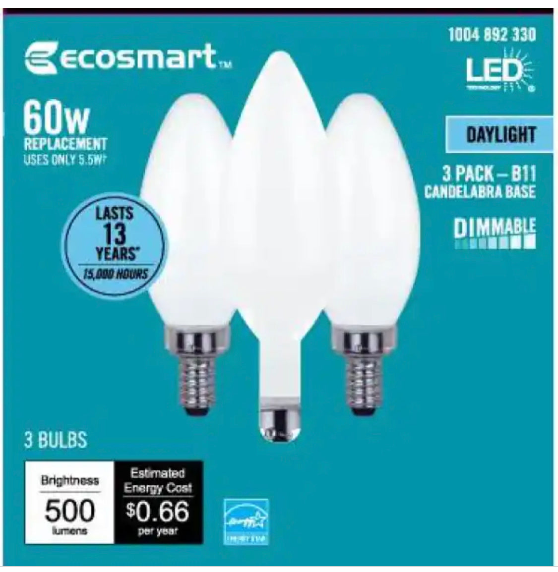 EcoSmart 60 Watt Equivalent B11 Dimmable E12 Candelabra ENERGY