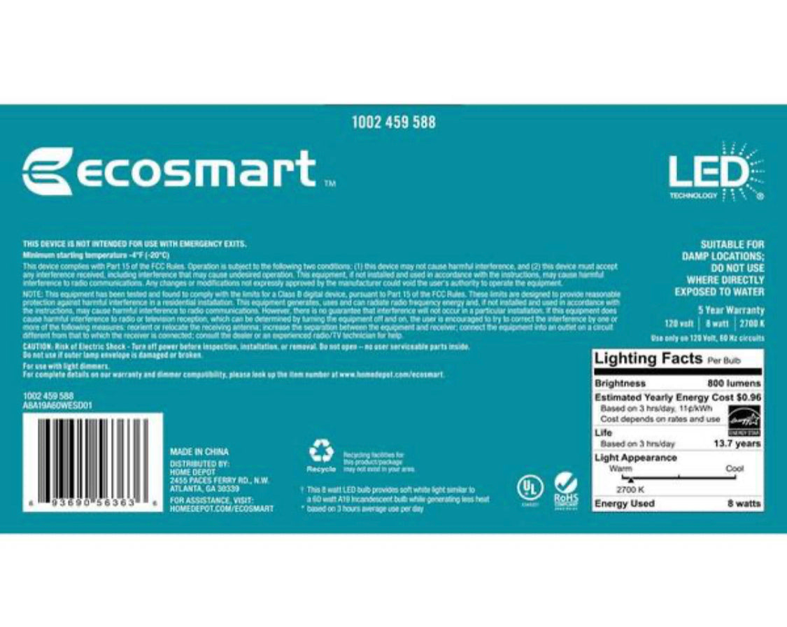 EcoSmart 60-Watt Equivalent A19 Dimmable Energy Star Frosted Filament LED Light Bulb Soft White (4-Pack) - Damaged Box