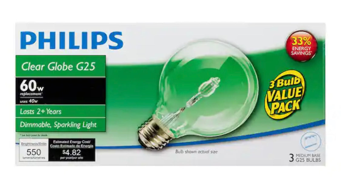 Philips 60-Watt Equivalent G25 E26 BaseHalogen Clear Decorative Globe Light Bulb (3-Pack) - Damaged Box