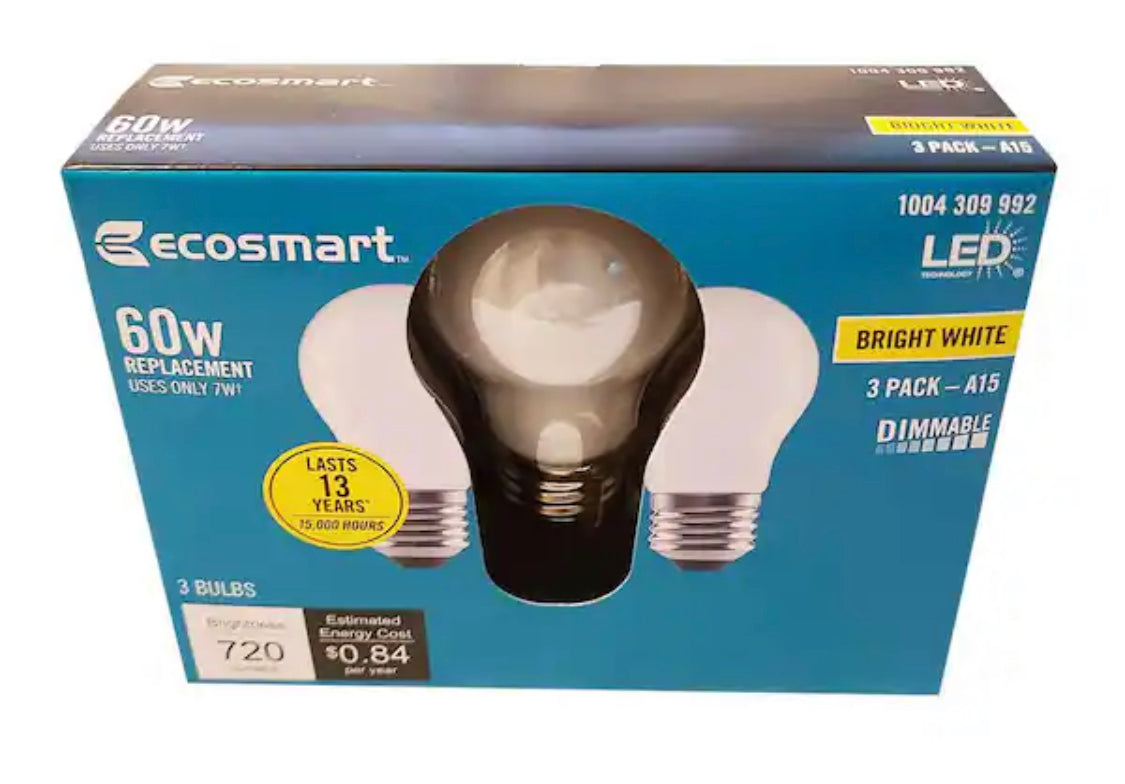 EcoSmart 60-Watt Equivalent A15 Dimmable Frosted Glass Filament LED Vintage Edison Light Bulb Bright White (3-Pack) - Damaged Box