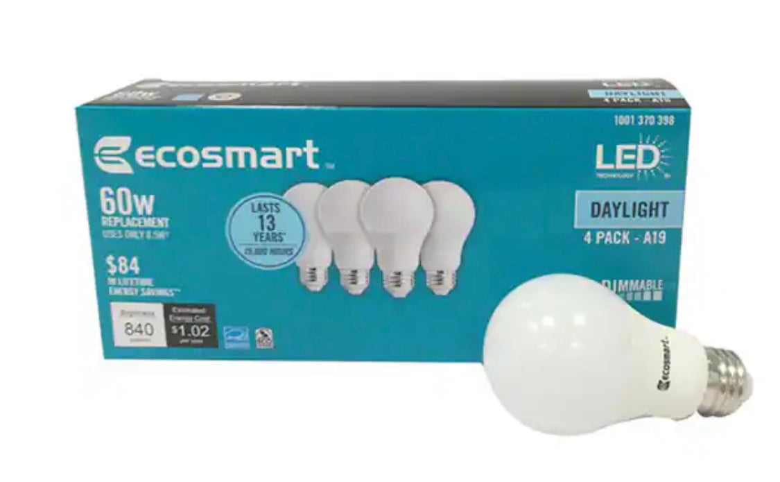 EcoSmart 60-Watt Equivalent A19 Dimmable Energy Star LED Light Bulb Daylight (4-Pack) - Damaged box
