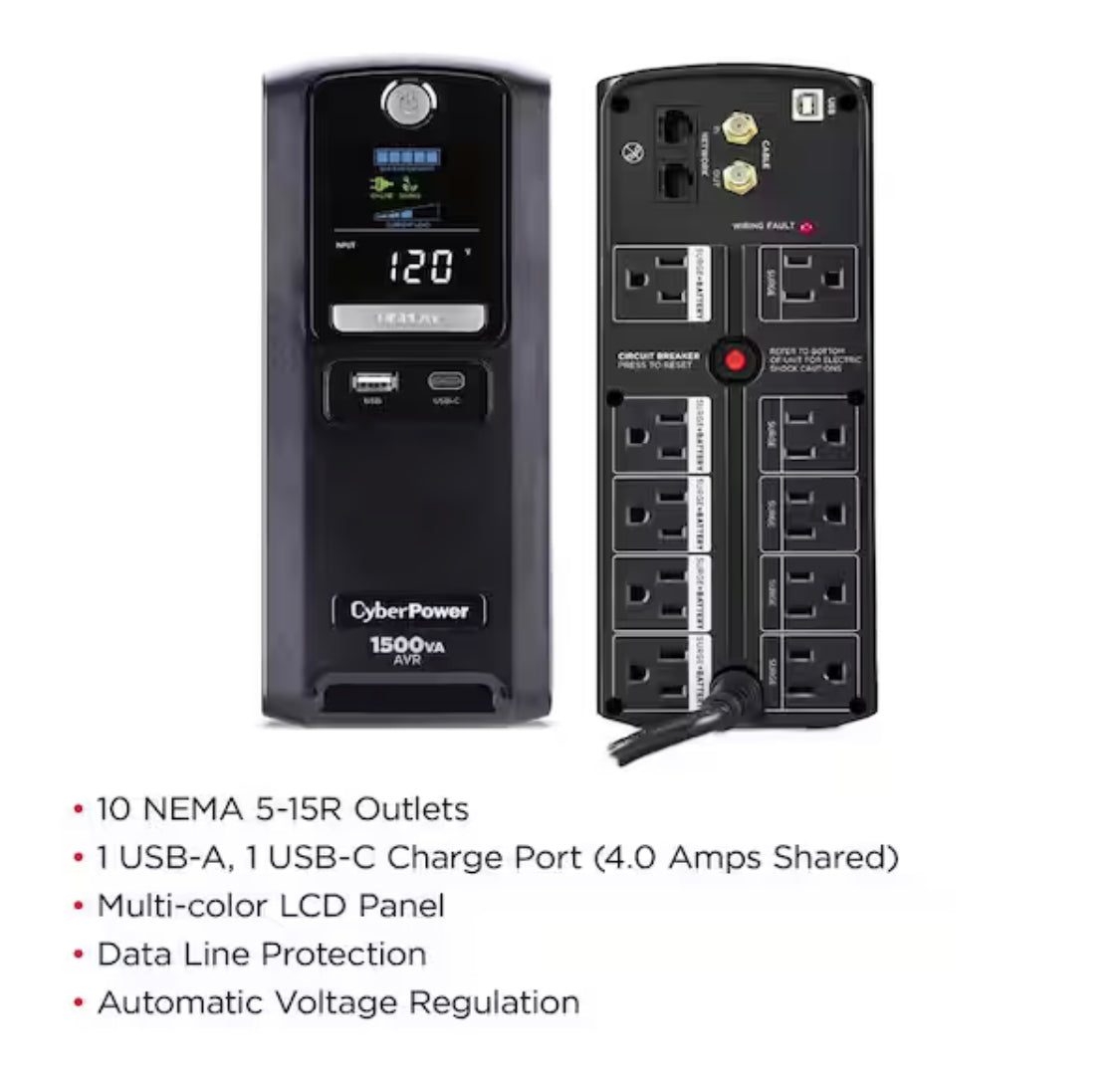 CyberPower 1500VA 12-Outlet UPS RJ45 COAX USB Charging
