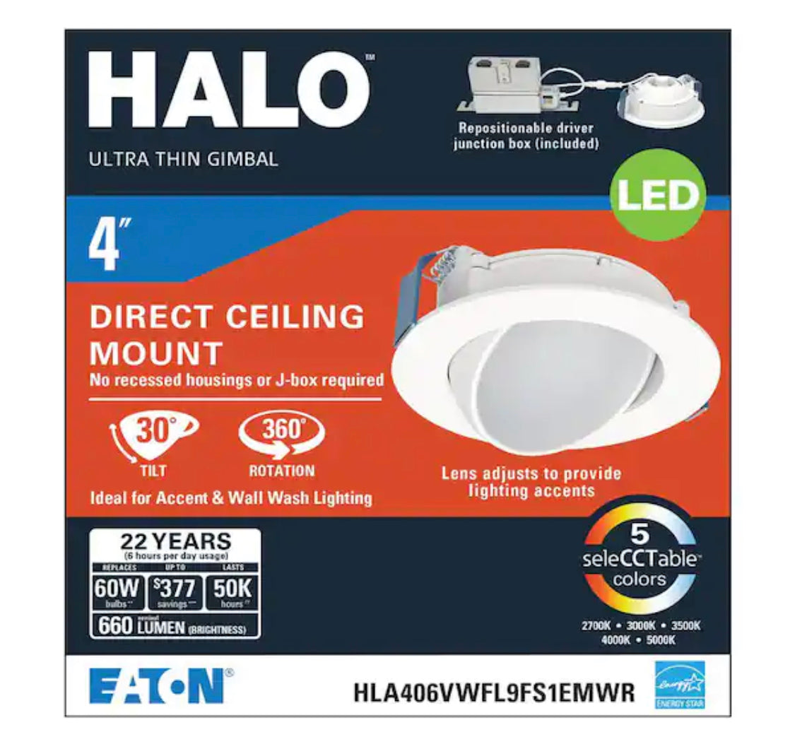 HALO HLA Series 4 in. Adjustable CCT Canless IC Rated Dimmable Indoor, Outdoor Integrated LED Recessed Light Gimbal Trim - Damaged Box