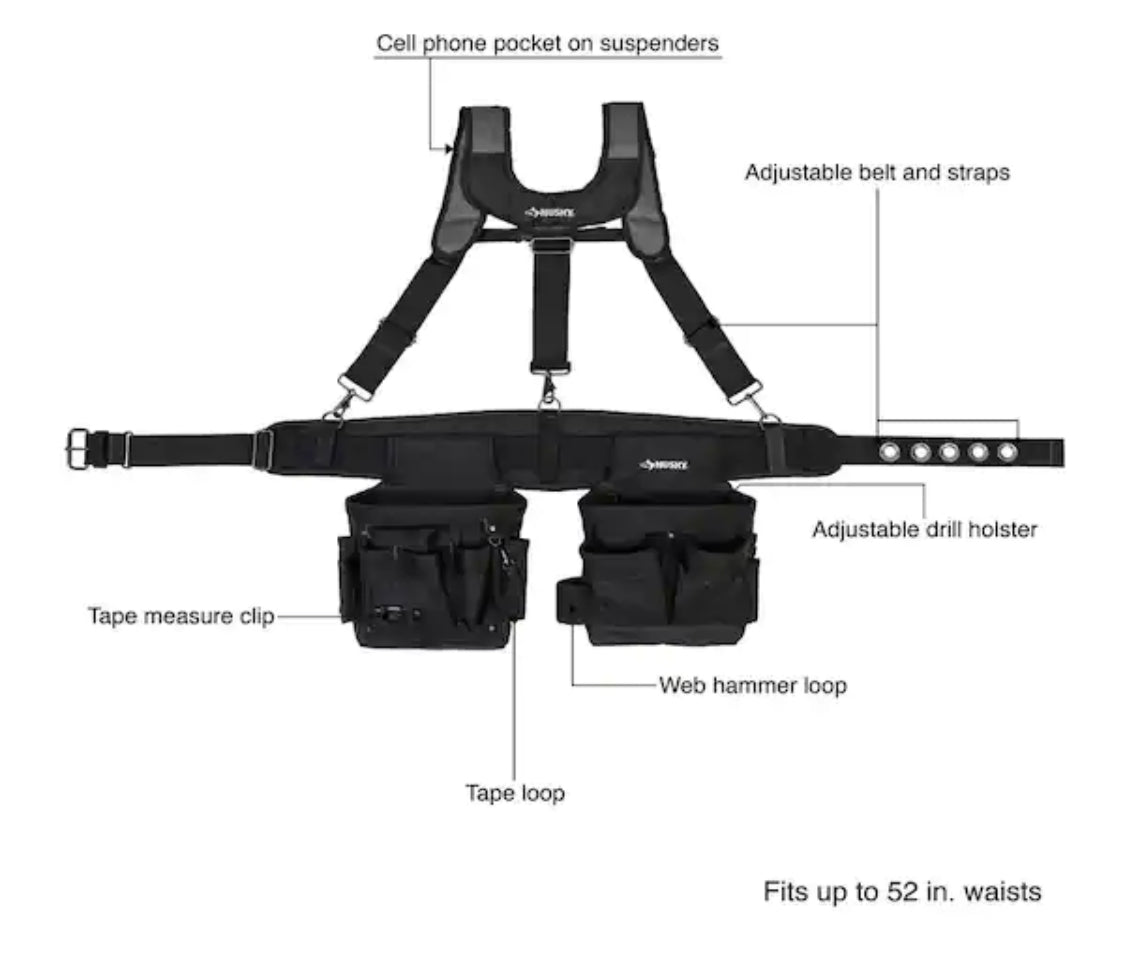 Husky 2-Bag 14-Pocket Black Electricians Suspension Rig Work Belt with Suspenders