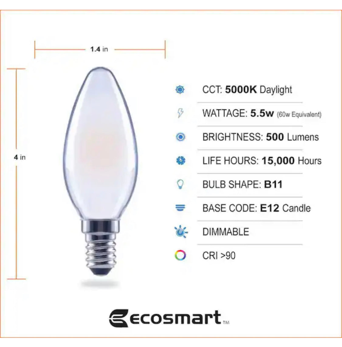 EcoSmart 60 Watt Equivalent B11 Dimmable E12 Candelabra ENERGY