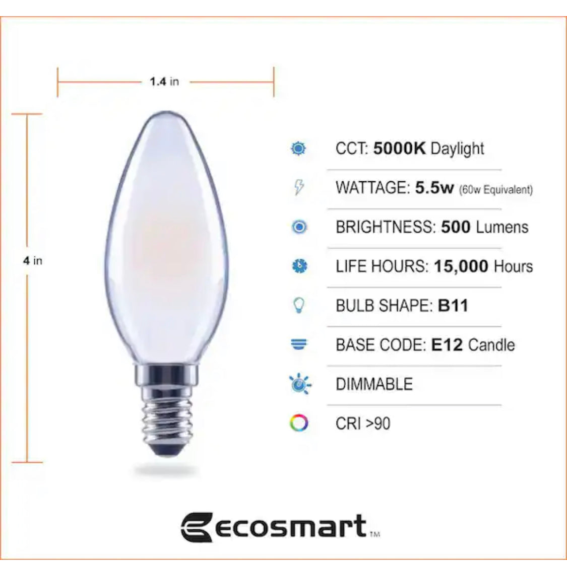 EcoSmart 60-Watt Equivalent B11 Dimmable E12 Candelabra ENERGY STAR Frosted Glass LED Vintage Edison Light Bulb Daylight (3-Pack) - Damaged Box