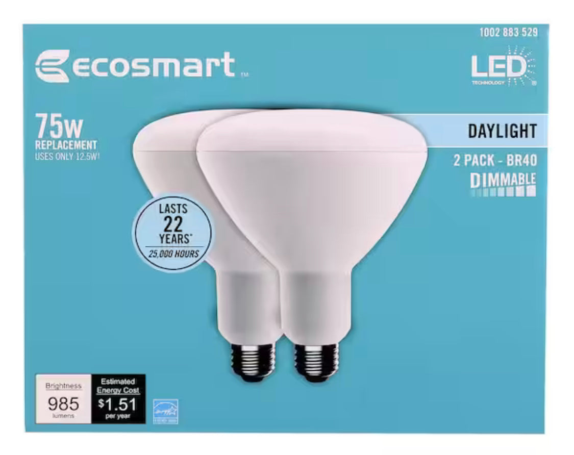 EcoSmart 75-Watt Equivalent BR40 Dimmable Energy Star LED Light Bulb Daylight (2-Pack) - Damaged Box