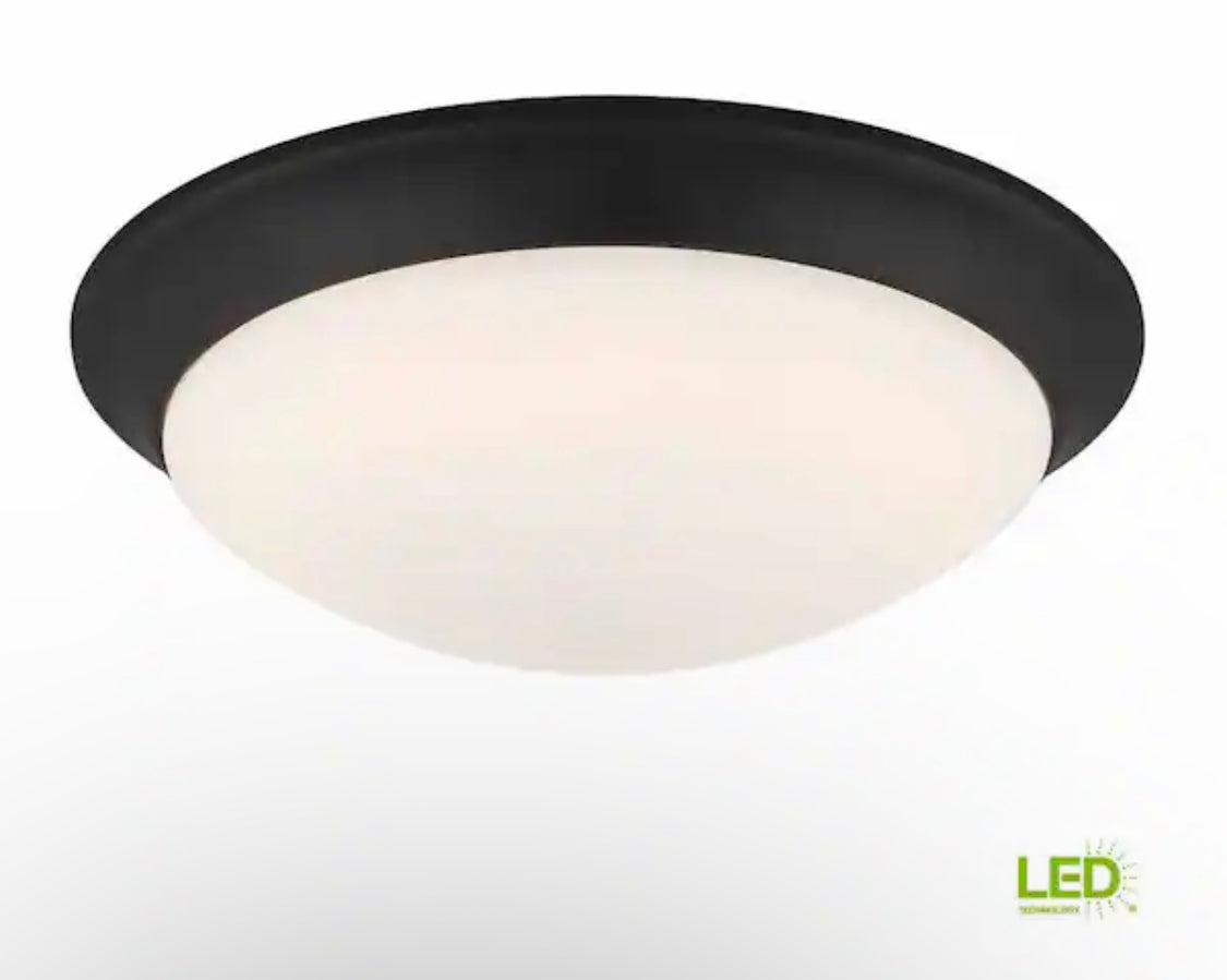 Commercial Electric 11 in. 120-Watt Equivalent Satin Bronze 2700K CCT LED Ceiling Light Flush Mount with Frosted White Glass Shade - Damaged Box