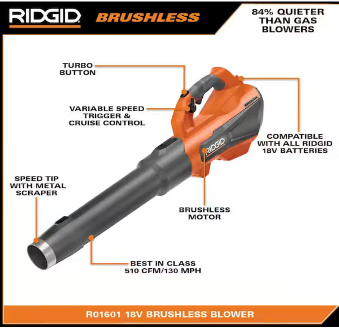 RIDGID 18V Brushless 130 MPH 510 CFM Cordless Battery Leaf Blower (Tool Only) - Damaged Box