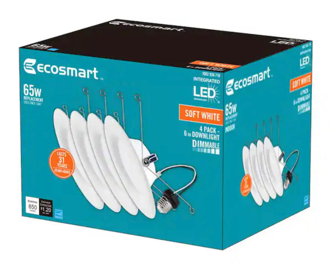 EcoSmart 6 in. Canless New Construction or Remodel White Dimmable Integrated LED Recessed Light Trim Soft White (4-Pack) - Damaged Box