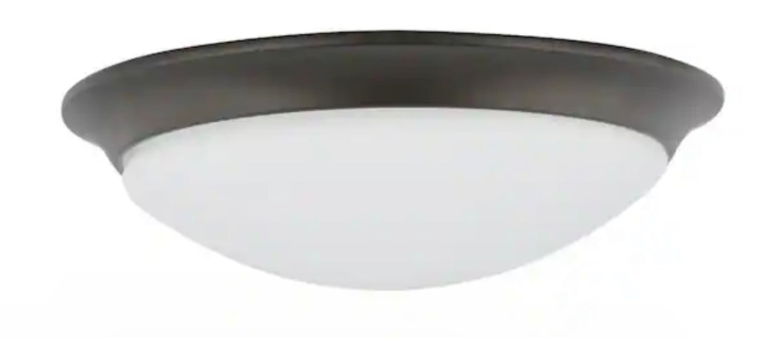 Commercial Electric 11 in. 120-Watt Equivalent Satin Bronze 2700K CCT LED Ceiling Light Flush Mount with Frosted White Glass Shade - Damaged Box