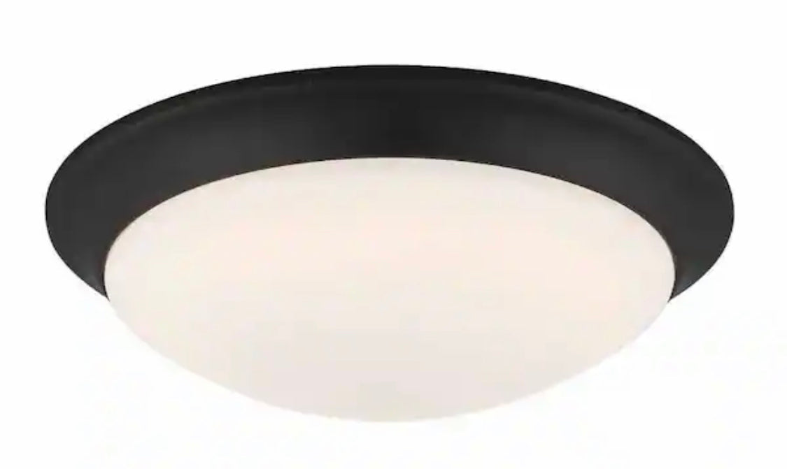 Commercial Electric 11 in. 120-Watt Equivalent Satin Bronze 2700K CCT LED Ceiling Light Flush Mount with Frosted White Glass Shade - Damaged Box