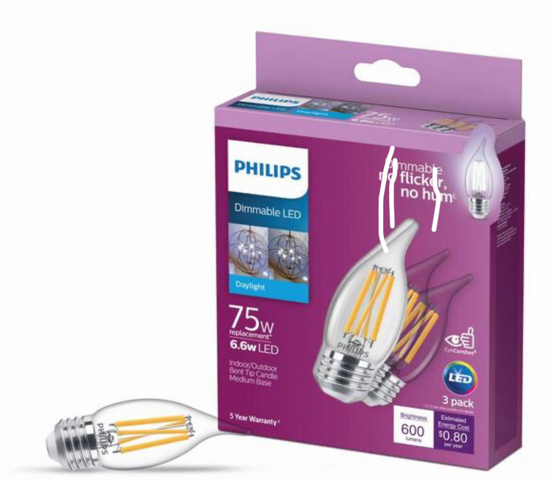 Philips 75-Watt Equivalent BA11 Dimmable Edison Glass LED Candle Light Bulb Bent Tip Medium Base Daylight (5000K) (3-Pack) - Damaged Box