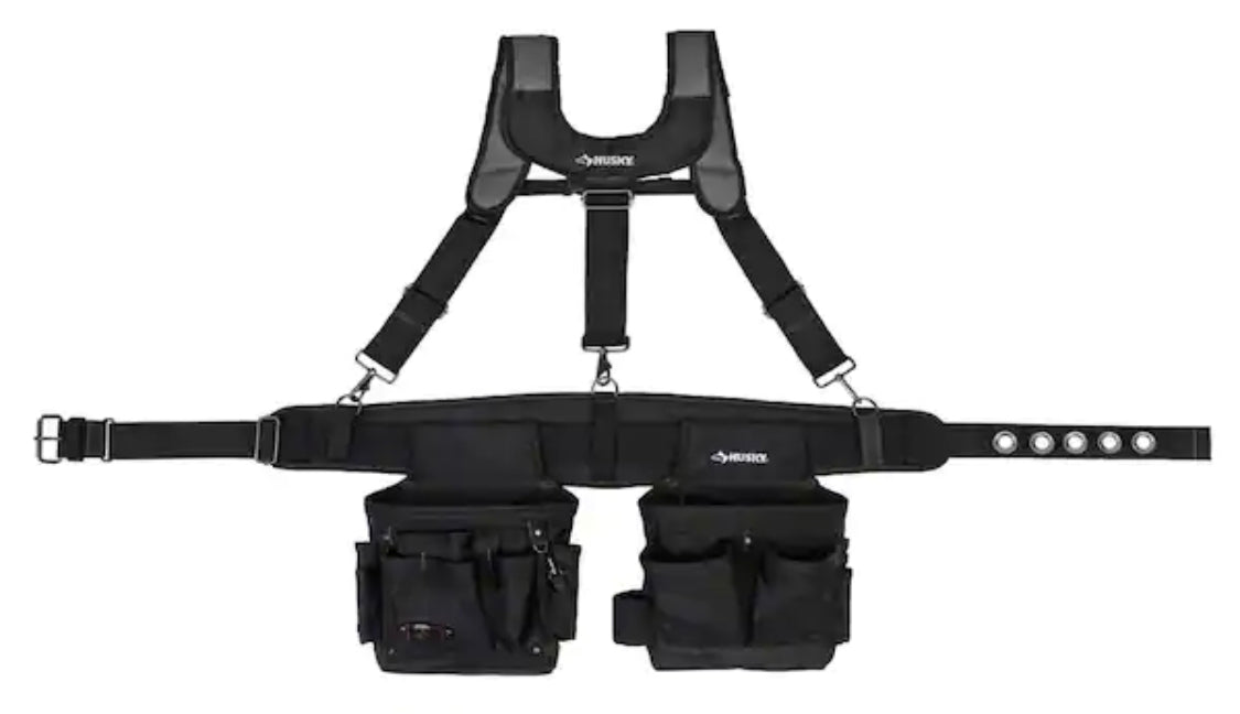 Husky 2-Bag 14-Pocket Black Electricians Suspension Rig Work Belt with Suspenders