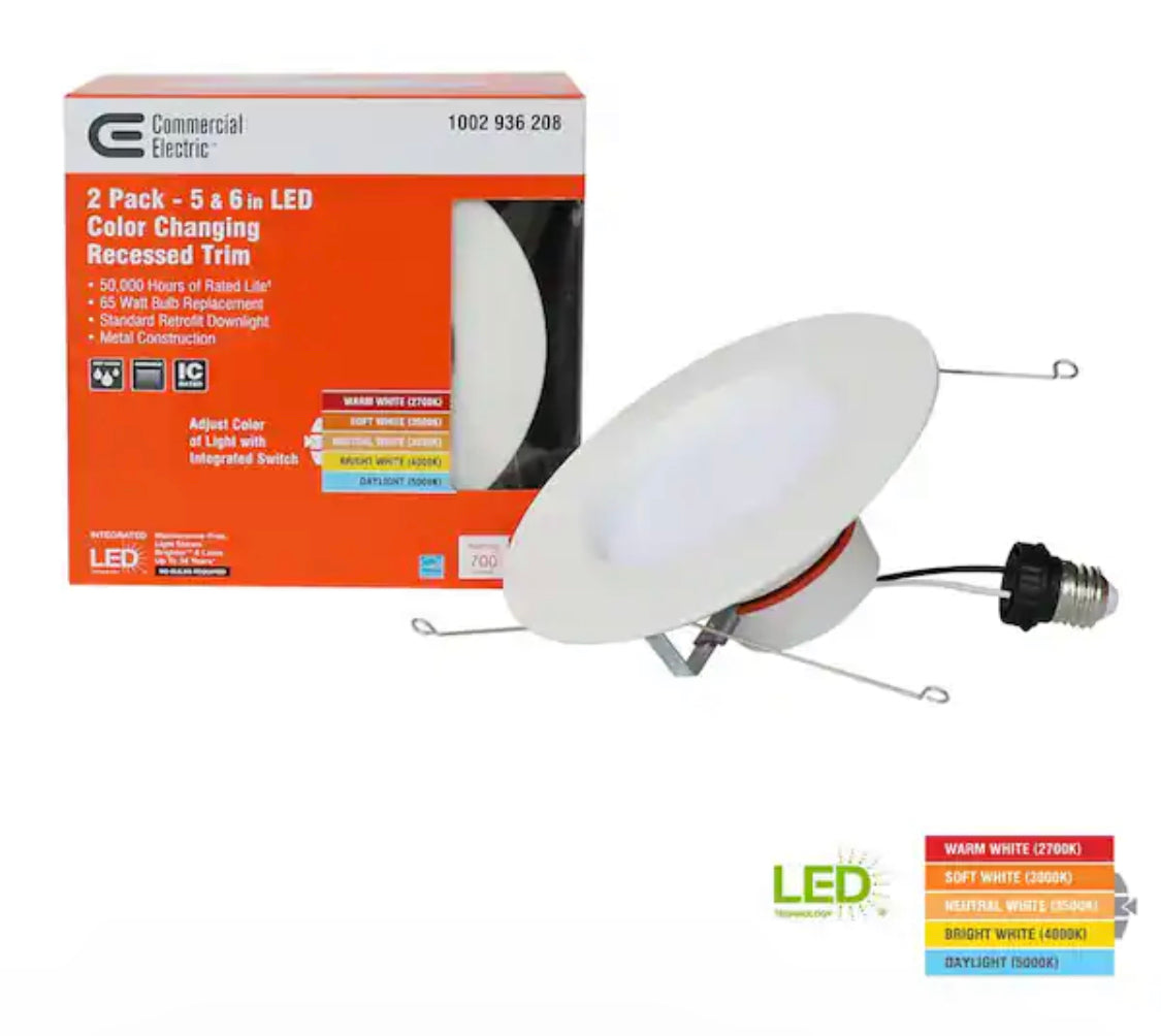 Commercial Electric 6 in. New Construction/Remodel Matte White Dimmable LED Recessed Trim with Adjustable Color Changing Technology (2-Pack) - Damaged Box