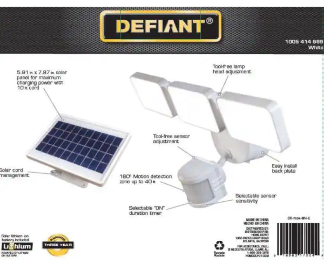 Defiant 180 Degree Integrated LED Motion Sensor Solar Powered White 3-Head Outdoor Flood Light - Damaged Box