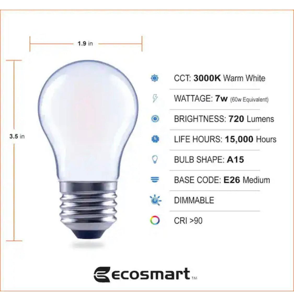EcoSmart 60-Watt Equivalent A15 Dimmable Frosted Glass Filament LED Vintage Edison Light Bulb Bright White (3-Pack) - Damaged Box
