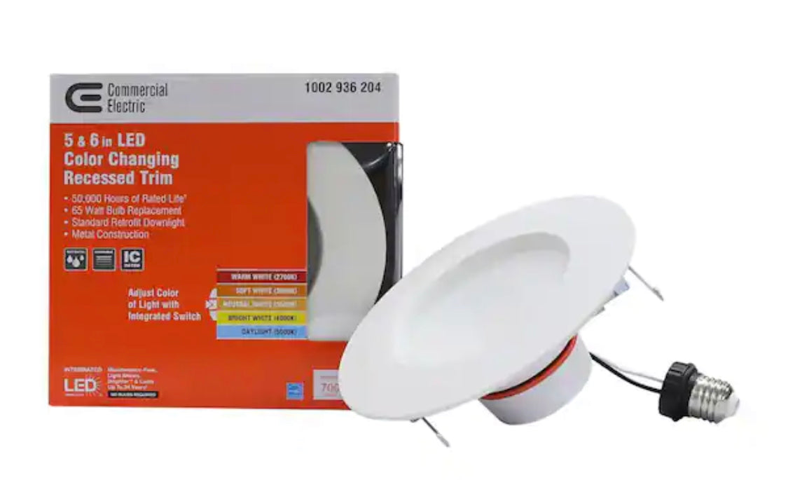 Commercial Electric 5/6 in. New Construction or Remodel Matte White Dimmable LED Recessed Trim with Adjustable Color Changing Technology - Damaged Box