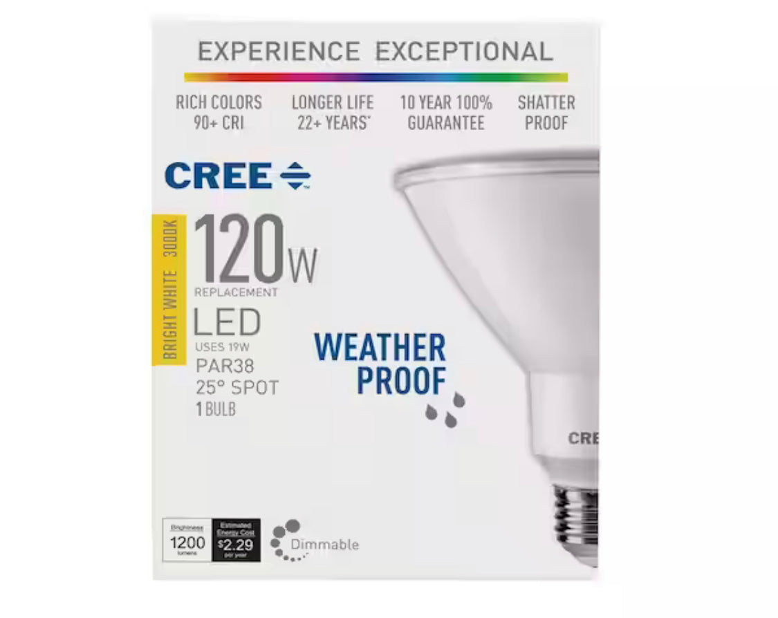 Cree 120W Equivalent Bright White (3000K) PAR38 Dimmable Exceptional Light Quality LED 25 Degree Spot Light Bulb - Damaged Box