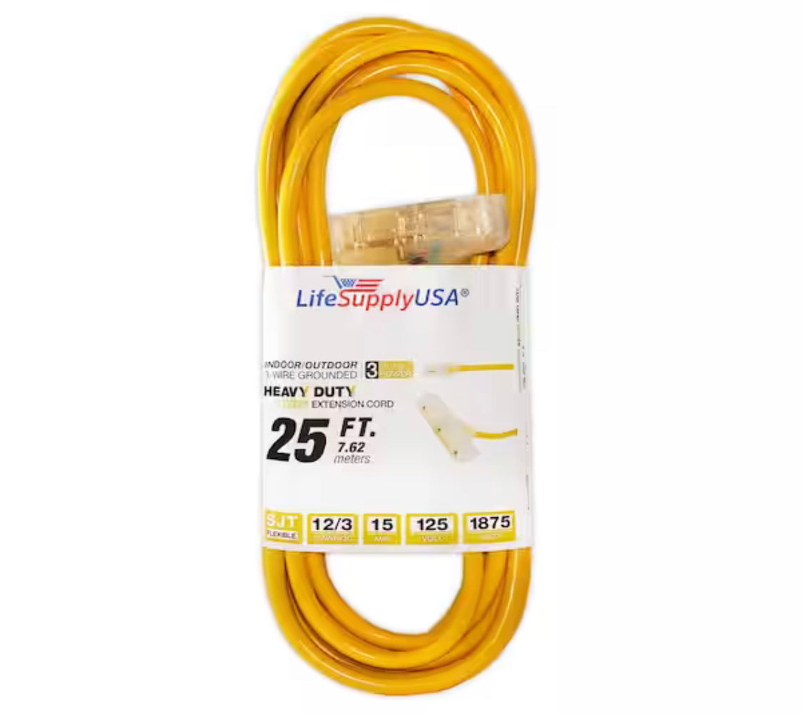 25 ft. 12/3 Wire Gauge 3-Outlet Tri-Source SJT Indoor Outdoor Vinyl Lighted Electric Extension Cord