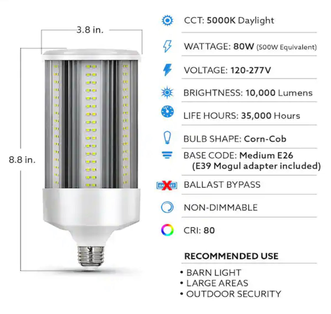 Feit Electric 500-Watt Equivalent Corn Cob E26 with E39 Mogul Adapter High Lumen HID Utility LED Light Bulb Daylight (5000K) (1-Bulb) - Damaged Box