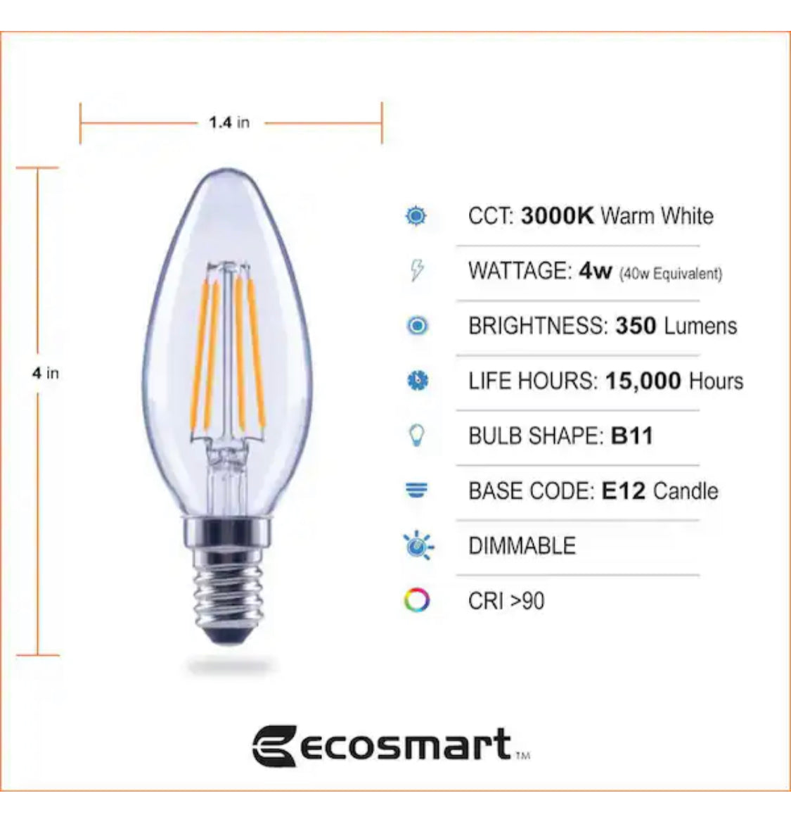 EcoSmart 40-Watt Equivalent B11 Dimmable Candelabra ENERGY STAR Clear Glass LED Vintage Edison Light Bulb Bright White (3-Pack) - Damaged Box