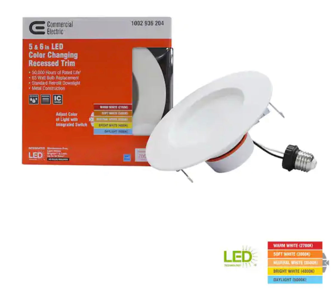Commercial Electric 5/6 in. New Construction or Remodel Matte White Dimmable LED Recessed Trim with Adjustable Color Changing Technology - Damaged Box