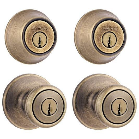 Kwikset 242 Tylo Entry Knob and Single Cylinder Deadbolt Project Pack in Antique Brass Damaged Box