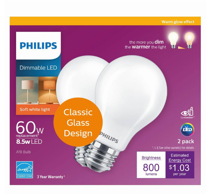 Philips 60 Watt Equivalent A19 Energy Saving LED Light Bulb in Soft White with Warm Glow Dimming Effect 2700K 2 Pack Damaged Box