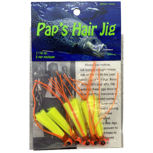 Paps Hair Jig 5 Pack  Orange Head Yellow Tail 1/16 Ounce