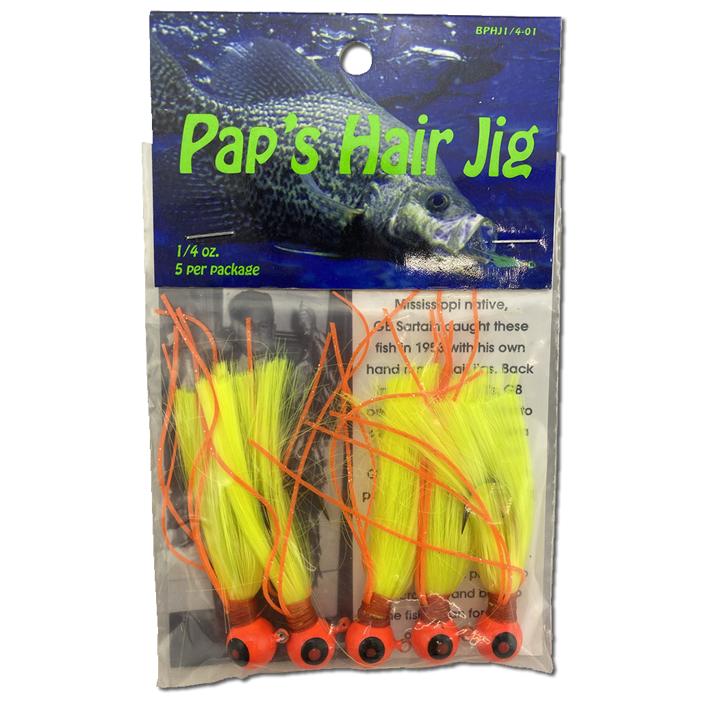 1 4 oz Paps Hair Jig 5 Pack Orange Head Yellow Tail
