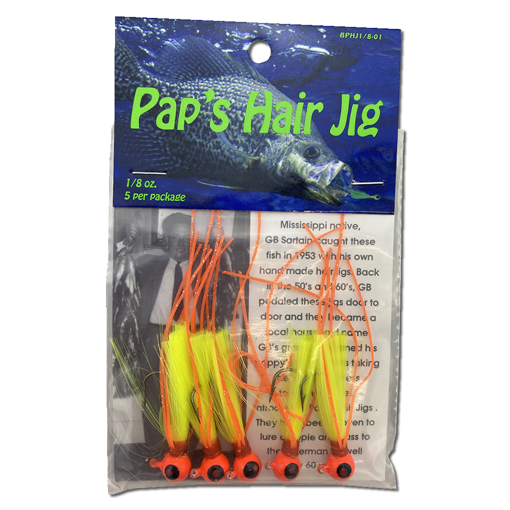 1 8 oz Paps Hair Jig 5 Pack Orange Head Yellow Tail