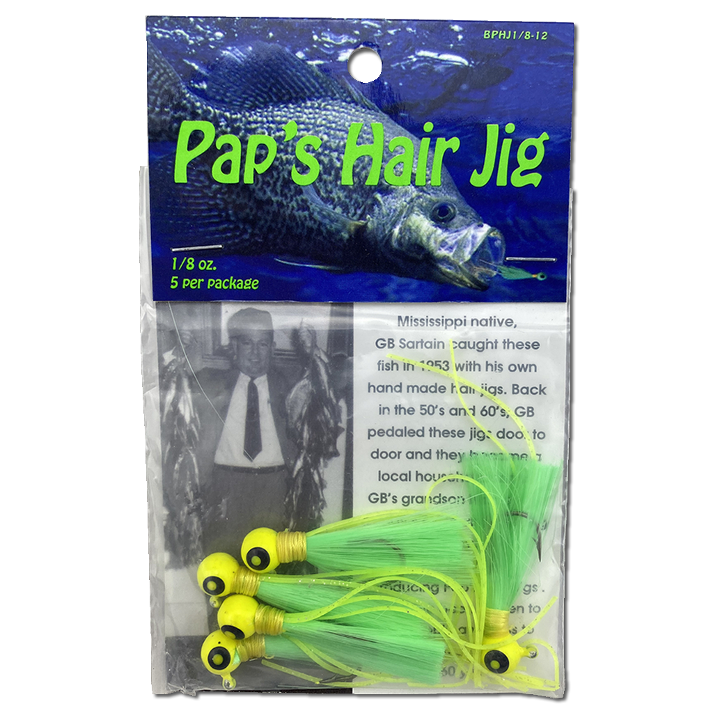 1 8 oz Paps Hair Jig 5 Pack Yellow Head Green Tail