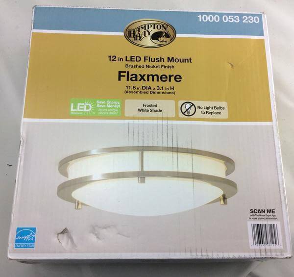 12 in. 120-Watt Equivalent Brushed Nickel Integrated LED Low-Profile Flush Mount with Frosted White Glass Shade Damaged Box-bay & strip lights-Tool Mart Inc.