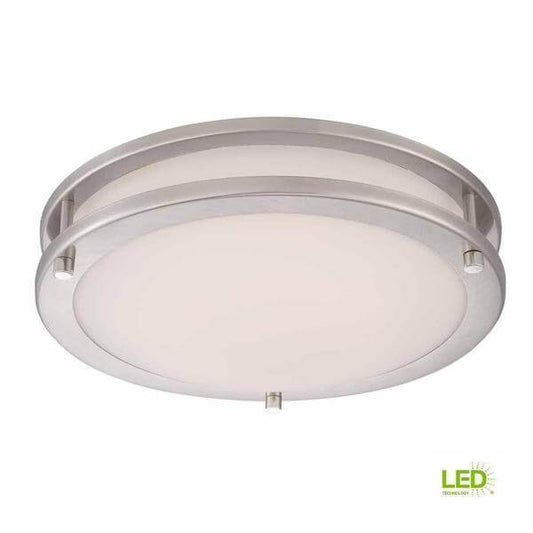 12 in. 120-Watt Equivalent Brushed Nickel Integrated LED Low-Profile Flush Mount with Frosted White Glass Shade Damaged Box-bay & strip lights-Tool Mart Inc.