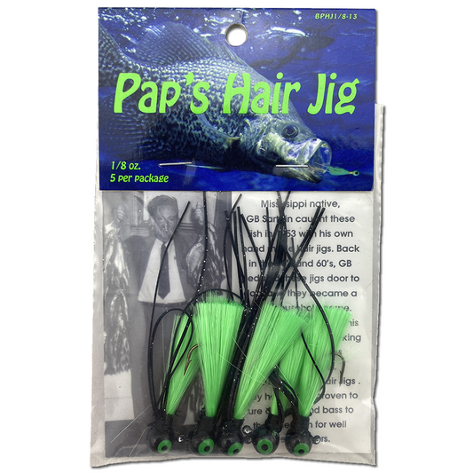1 8 oz Paps Hair Jig 5 Pack Black Head Green Tail