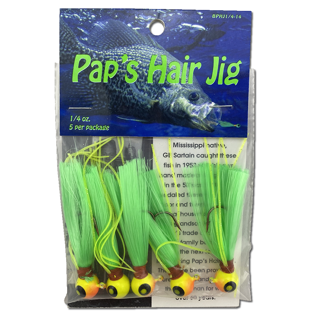 1 4 oz Paps Hair Jig 5 Pack  Orange Yellow Head Green Tail