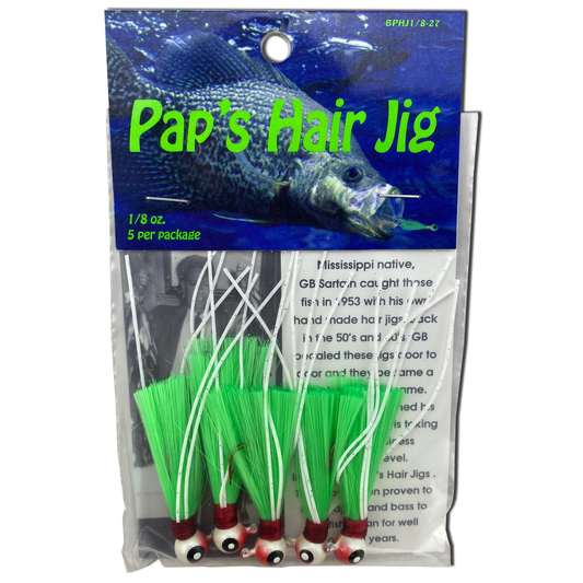 1 8 oz Paps Hair Jig 5 Pack White Red Head Green Tail