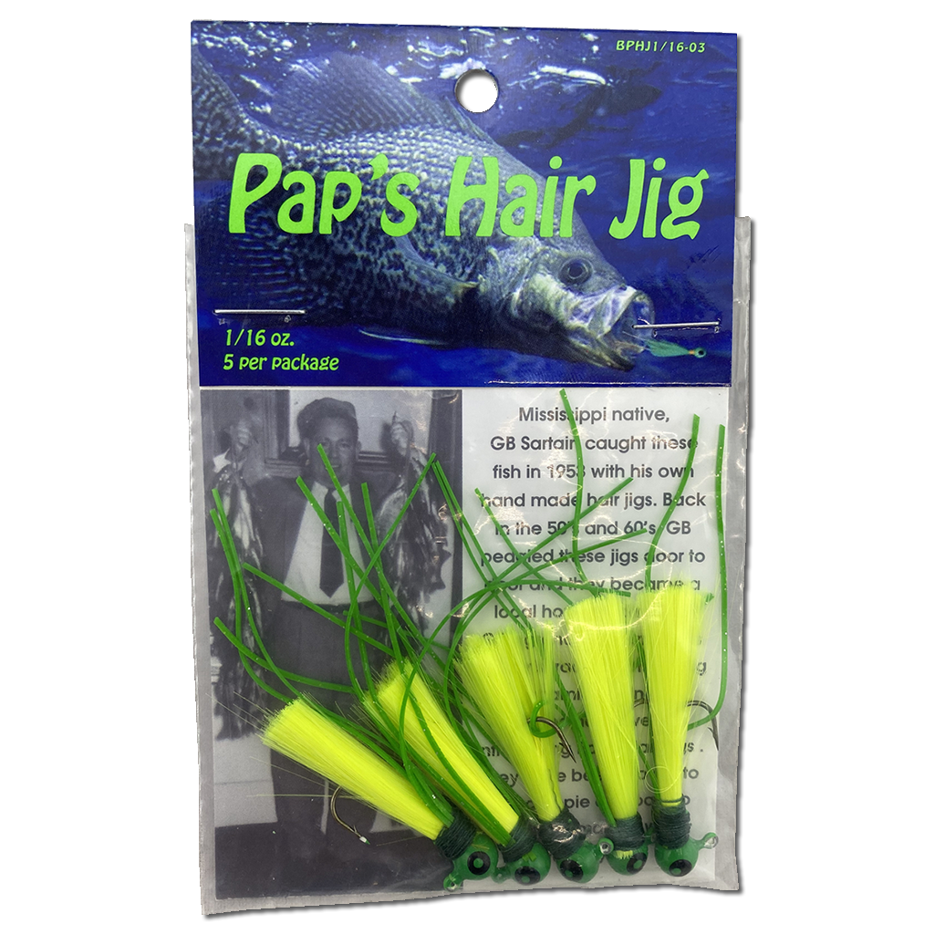 Paps Hair Jig 5 Pack  Green Head Yellow Tail 1/16 Ounce