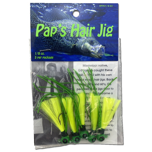 Paps Hair Jig 5 Pack Green HeadYellow Tail