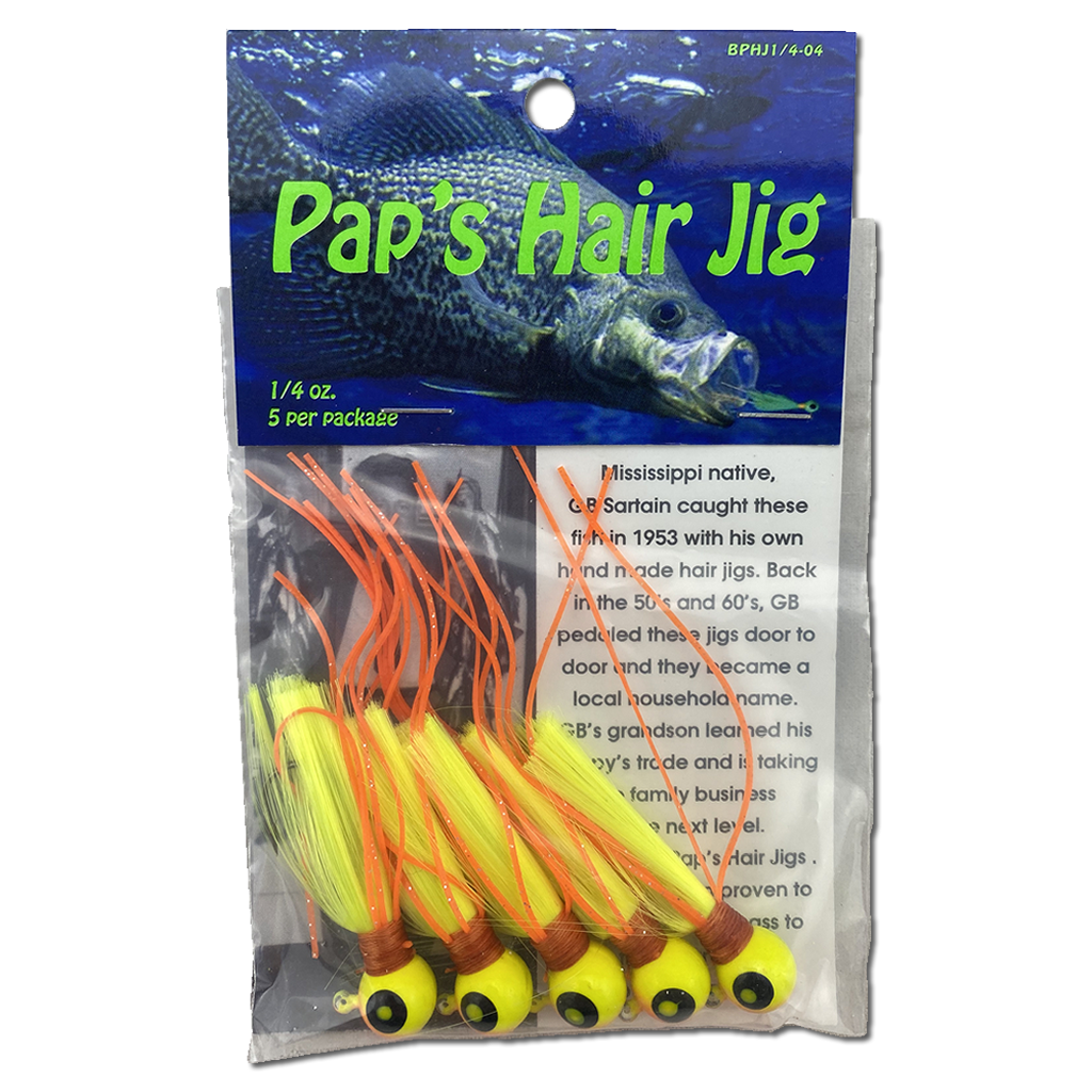 1 4 oz Paps Hair Jig 5 Pack Orange and Yellow Head Yellow Tail