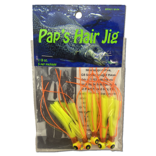 1 8 oz Paps Hair Jig 5 Pack Orange and Yellow Head Yellow Tail