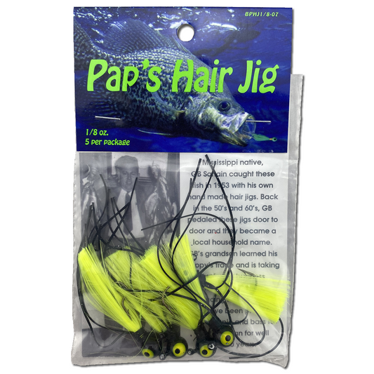 1 8 oz Paps Hair Jig 5 Pack Black Head Yellow Tail