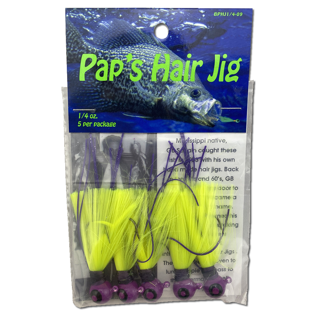 1 4 oz  Paps Hair Jig 5 Pack Purple Head Yellow Tail