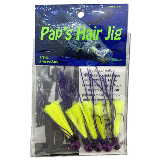 1 8 oz Paps Hair Jig 5 Pack Purple Head Yellow Tail
