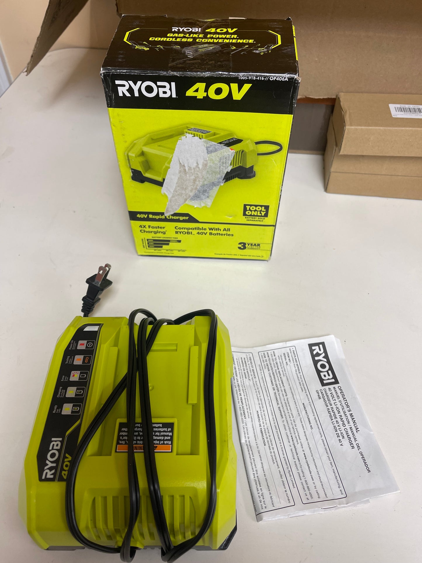 Ryobi 40V Lithium Ion Rapid Charger Damaged Box